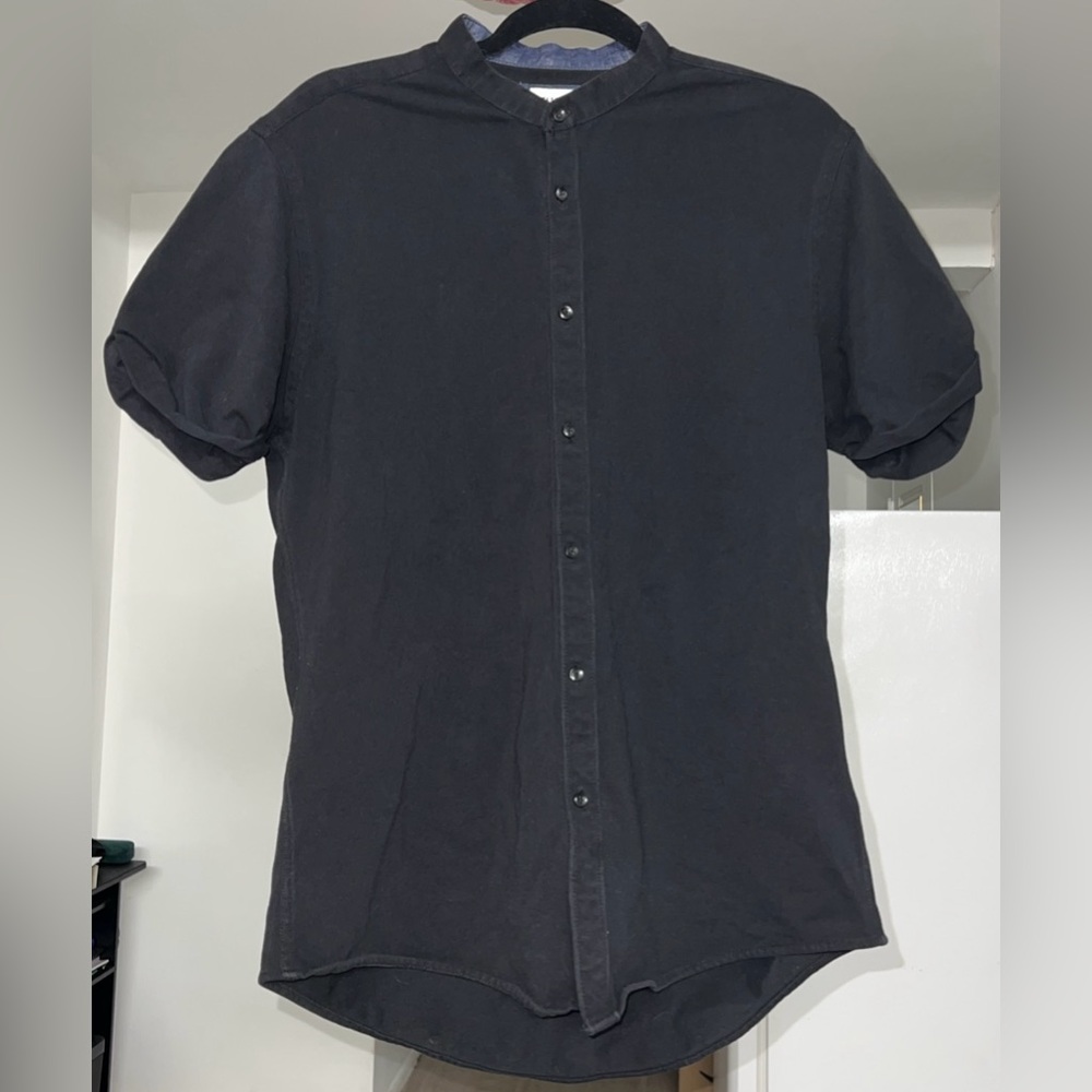 Men’s Large Zara Short Sleeve Button Up Casual Shirt Black Slim Fit